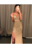 Gold Beaded Glistening Illusion V Neck Party Dress Backless Mermaid Long Prom STKP9TPGCT9