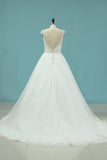 2024 A Line Open Back V Neck Wedding Dresses Tulle With Applique And Beading PH4N5EDG