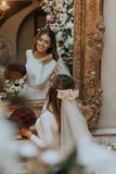 A-Line Ivory Sweep Train Tulle Long Sleeves Long Beach Wedding Dresses PF1CQQZD