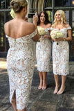 Unique Mermaid Off the Shoulder Ivory Lace Sweetheart Bridesmaid Dresses with Slit STK15540