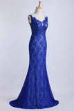 2024 Evening Dresses Bateau Mermaid With Deep V Shape Back Lace&Tulle Dark Royal PZ7783AA