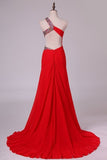 2024 One Shoulder Sheath Prom Dresses Red Chiffon With Beads And PTJ85E4B