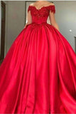 2024 Ball Gown Off-The-Shoulder Satin With Applique Color Red PD3LCRAS