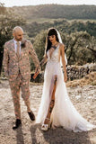 Sexy See Through Thigh Split V Neck Beach Wedding Dresses Beads Tulle Vintage Bridal Dress STK15531