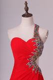 2024 One Shoulder Sheath Prom Dresses Red Chiffon With Beads And PTJ85E4B