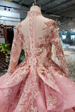 2024 New Prom Dresses Long Sleeves Ball Gown High Neck With Applique&Beads Lace PJFCBB91