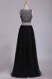 2024 Two Pieces Prom Dress Bateau A Line Tulle With Beading PQ4MCRQY