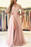 2024 A Line Scoop 3/4 Length Sleeves Tulle With Applique Prom Dresses PZLYSQT2