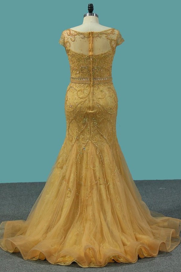 2024 Short Sleeve Scoop Prom Dresses Tulle Mermaid With PJRMKN4B