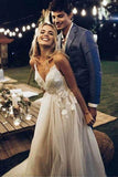 A Line Spaghetti Straps V Neck Beach Wedding Dresses Backless Summer Bridal Dresses STK15494