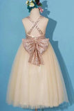 Princess Gold Sequin Shiny Round Neck Flower Girl Dresses with Bowknot, Baby Dresses STK15589
