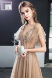 A Line V Neck Short Sleeves Long Tulle Prom Dress Evening Dresses With STKP7MZF43L