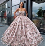 Princess Ball Gown Spaghetti Straps Beads Floral Print Prom Dresses Long Quinceanera Dress STK15294