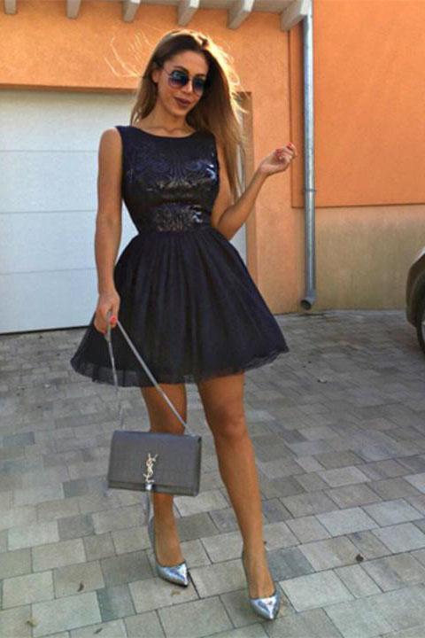 Popular Round Neck Sequins Dark Blue Short Prom Dresses Homecoming Dresses