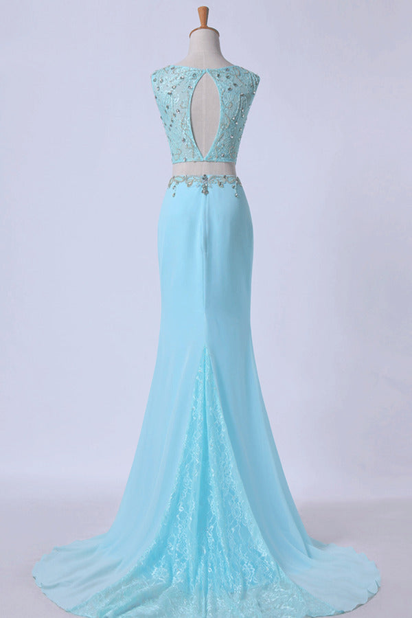 2024 Two Pieces Prom Dresses Scoop Sheath With Beading PLAC7EEK