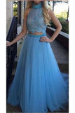 2024 Two-Piece Prom Dresses Halter Tulle & Lace With Beads PTCA36NK