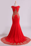 2024 Red Prom Dresses Scoop Mermaid With Applique Spandex P49R8758