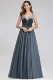 A-Line V-Neck Sleeveless Blue Floor-length Evening Dress Cheap Prom Dresses STK15055