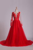 2022 Scoop Prom Dresses Long Sleeves Tulle With Slit And Applique PA539RCY