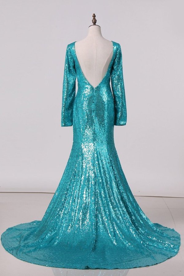 2024 Sexy Open Back Long Sleeve Prom Dresses Sequins Mermaid P6M7XZ7M