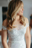 Sheath Off the Shoulder Court Train Ivory Tulle Wedding Dresses with Lace Appliques