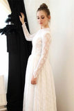 Elegant Princess Long Sleeve A Line Lace High Neck Ivory Long Wedding Dresses