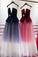 A Line Ombre Blue Tulle Long Prom Dress Unique New Style Strapless Evening Dress