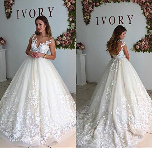 Ball Gown Lace Appliques Tulle Backless Cap Sleeve Wedding Dresses Bridal Dresses