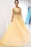 A Line Gold V Neck Beading Tulle Prom Dresses Spaghetti Straps Long Cheap Formal Dress STK14999