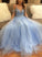 Stylish A-Line V-Neck Off-the-Shoulder Blue Tulle Long Evening Dresses with Beading