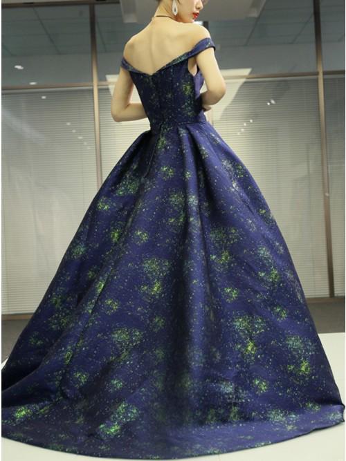 A Line Off the Shoulder Long Navy Blue Prom Dress with Printed Cheap Evening Dresses