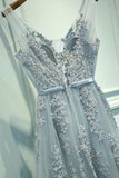 A-Line Grey Tulle with Lace Appliqued V-Neck Long Sleeveless Floor-Length Prom Dresses