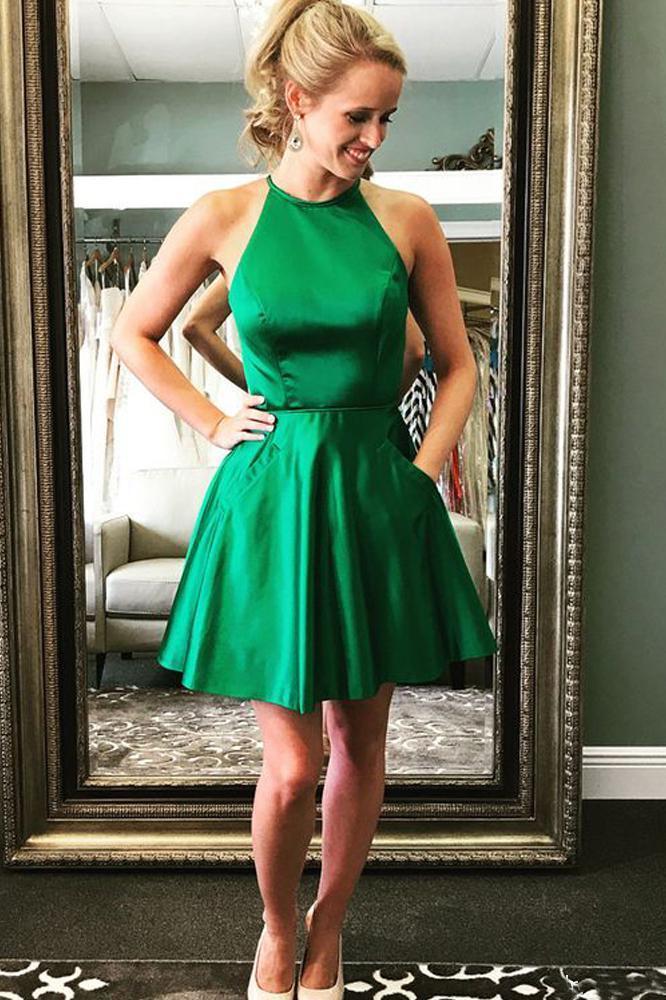 Cute A Line Halter Satin Green Open Back Short Homecoming Dresses with Beads