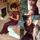 Sexy Two Pieces Burgundy Lace Mermaid Long Short Sleeves Floor Length Prom Dresses