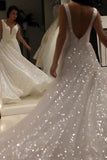 Shiny Ivory Sequins V Neck Backless Straps Wedding Dresses, Beach Bridal Dresses STK15375