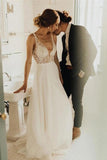 Elegant A Line Tulle Ivory V Neck Wedding Dresses With Pearls V Back Beach Bridal STKPJ5XYJAD