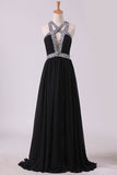 2024 Black Prom Dresses A Line Chiffon With Beads And Slit Cross PAX85XMY