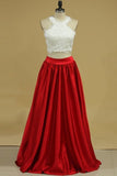 2024 Two-Piece A Line Prom Dresses Scoop Satin With Applique PZBP1FAD