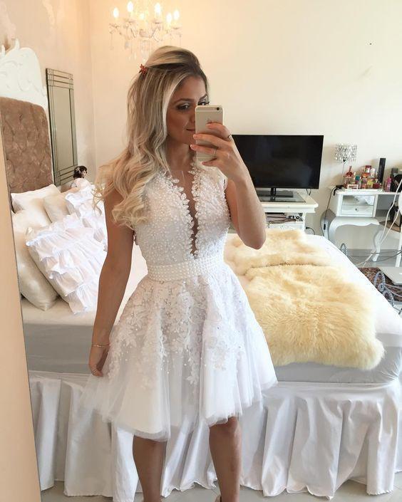 A-line Hot-selling Deep V-Neck White Lace Short Homecoming Dresses