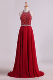 2024 A Line Halter Open Back Prom Dresses Sweep Train Chiffon & Tulle With PP1YG14G