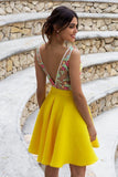 Yellow Floral Satin Illusion Back Daffodil V Neck Homecoming Dresses Short Cocktail Dresses STK14985