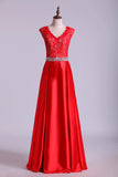 2024 V-Neck Lace Bodice Prom Dresses Satin PBBN14FL