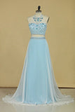 2024 Two-Piece Halter A Line Prom Dresses With Beading And Rhinestones Bicolor Chiffon PAYLQ5AB