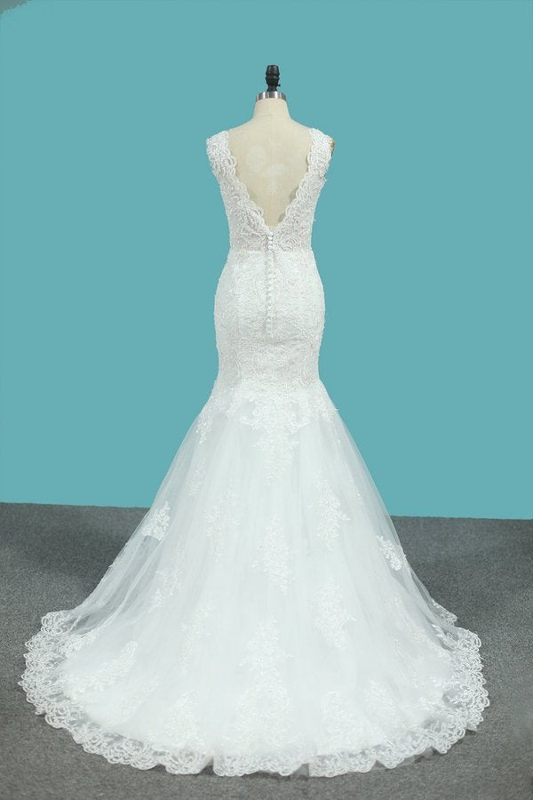2024 V Neck Mermaid Wedding Dresses Tulle With Applique And Beads P3FZ4KBF