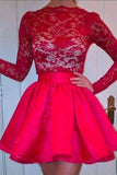 High Neckline Long Sleeves Red Lace Top Short Prom Dresses, Homecoming Dresses STK15237