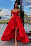 Elegant A Line Red Strapless High Low Prom Dresses with Pockets, Long Party Dresses STK15148