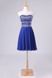 2024 A Line Short/Mini Strapless Dark Royal Blue Chiffon Homecoming Dresses With PZJGHLHX