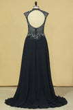 2024 A Line High Neck Beaded Bodice Prom Dresses Open Back P75FAA53