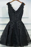 2024 Fantastic V-Neck Homecoming Dresses A Line Lace Black PYSSEHYK
