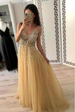 2024 Champagne Tulle Beading A-Line V-Neck Prom Dresses WIth PG59ZZDN
